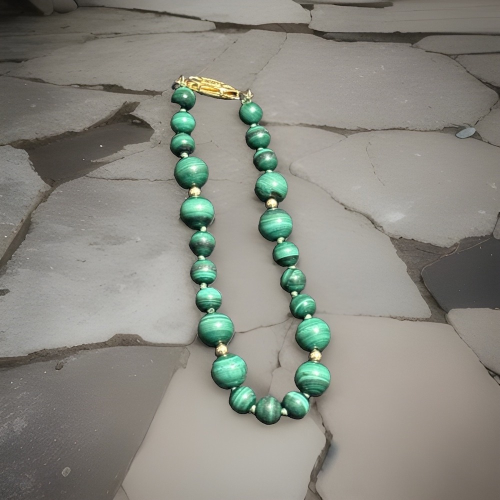 Vintage Natural Malachite Graduated Bead Bracelet Vermeil Silver Clasp 8"